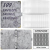A marble budget binder with cash envelopes showing numbered pages and a tracker for $5,050.