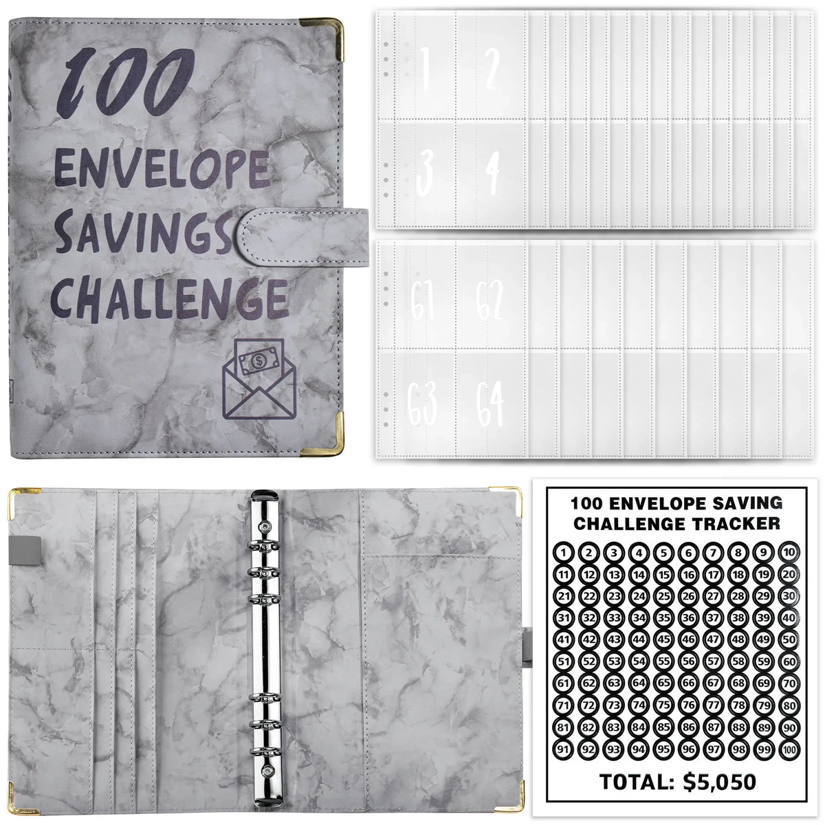 A marble budget binder with cash envelopes showing numbered pages and a tracker for $5,050.