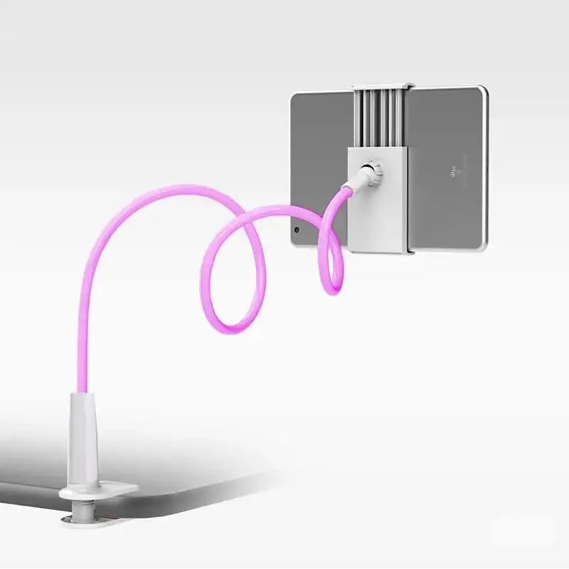 A pink gooseneck tablet holder with a flexible arm is shown against a white background.