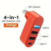 Orange 4-in-1 USB hub with three USB ports and a Type-C connector featuring 180° rotation capability.