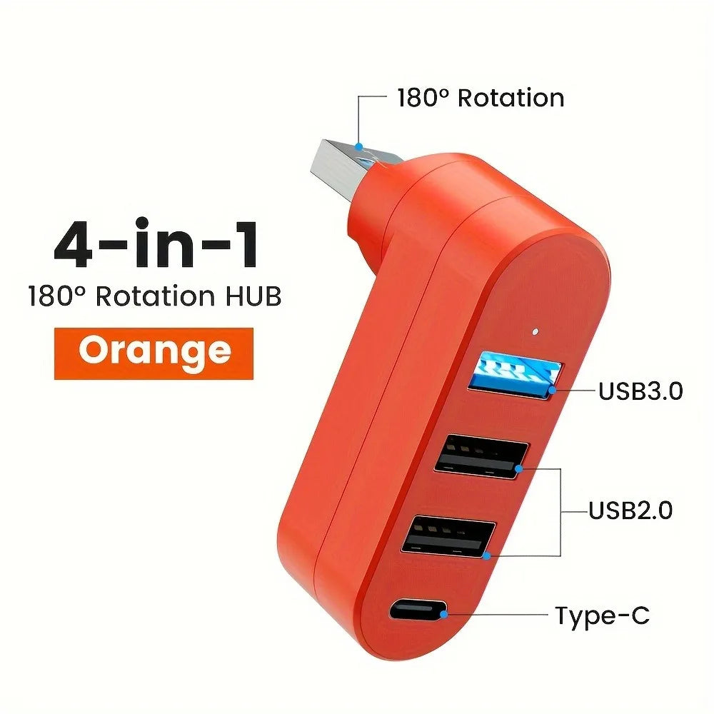 Orange 4-in-1 USB hub with three USB ports and a Type-C connector featuring 180° rotation capability.