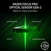 Close-up of the Razer Focus Pro Optical Sensor Gen-2 highlighting its precision features and sensor details.