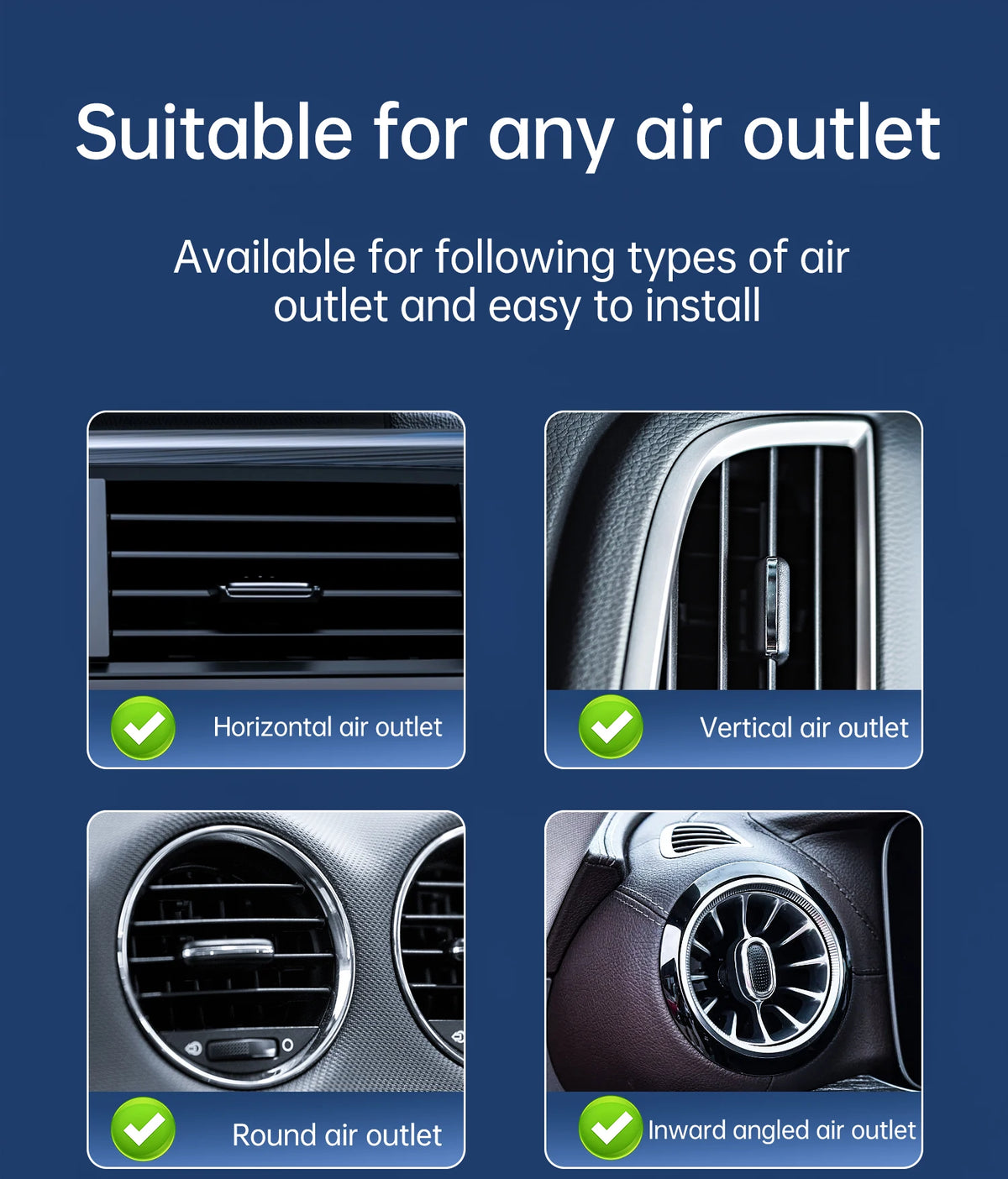 A set of universal mounts designed to fit various car air outlets including horizontal, vertical, round, and inward angled ve