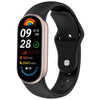 A black fitness tracker watch with a pink band displaying time, steps, and calorie count.