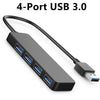 A black 4-port USB 3.0 hub adapter with multiple female USB ports and a male connector.