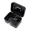 A black steel cash box with an open lid showing a key lock and removable tray.