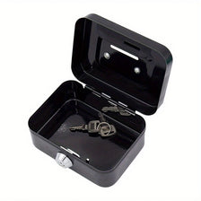 A black steel cash box with an open lid showing a key lock and removable tray.