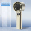 A luxury gold handheld bladeless cooling fan with a round grille and a digital display showing 100.