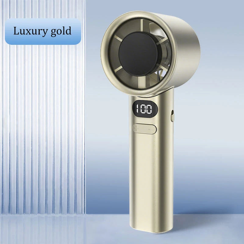 A luxury gold handheld bladeless cooling fan with a round grille and a digital display showing 100.