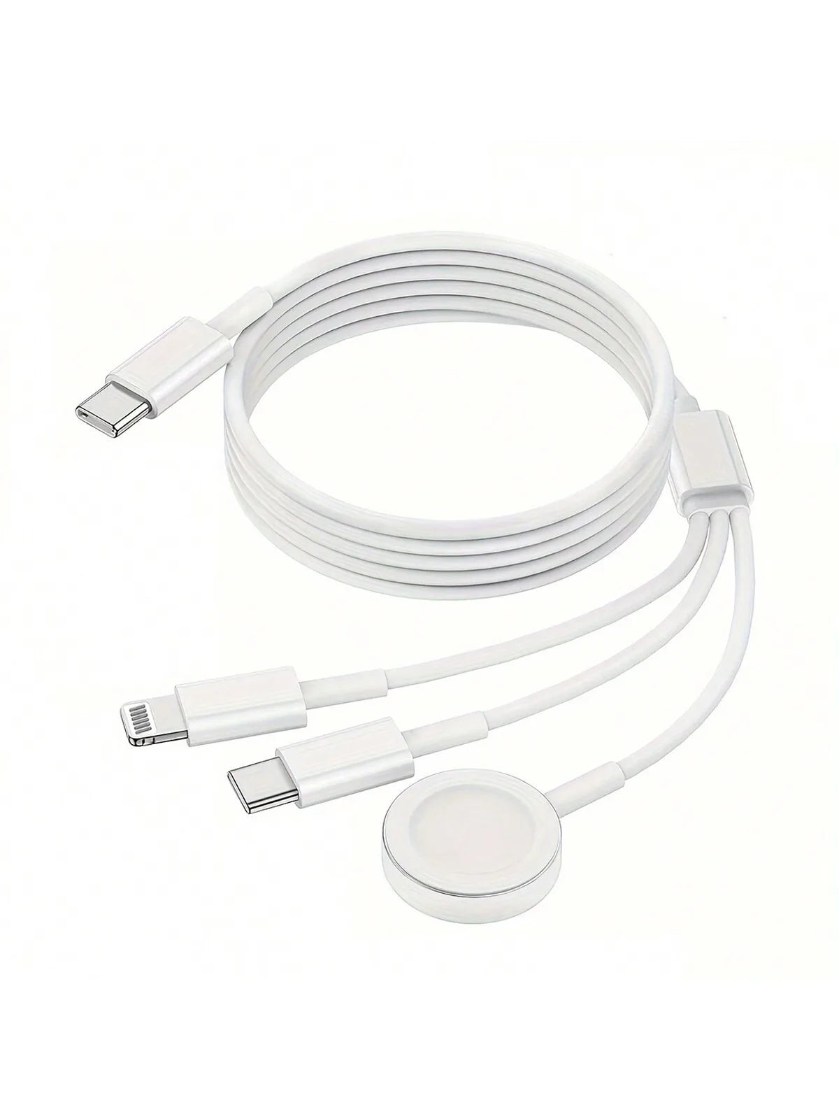 A white 3-in-1 charging cable with a coiled cord and multiple connectors for universal device charging.