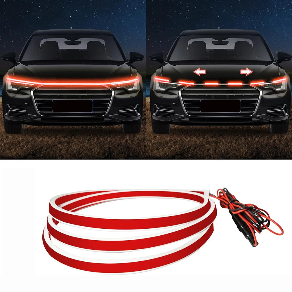 Rote LED-Streifen für Fahrzeughauben mit Scanmuster und Verkabelung.
