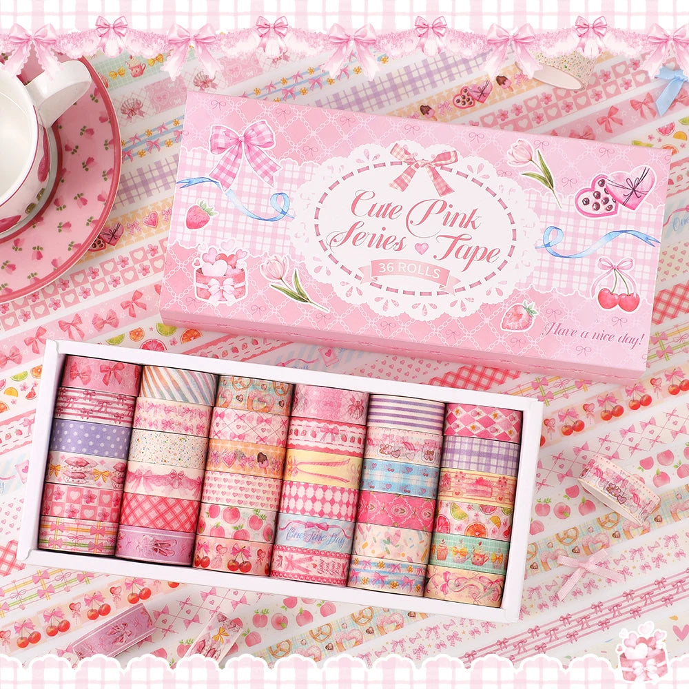 A pink box of Cute Pink Series tape with 36 rolls displayed on a patterned fabric background.