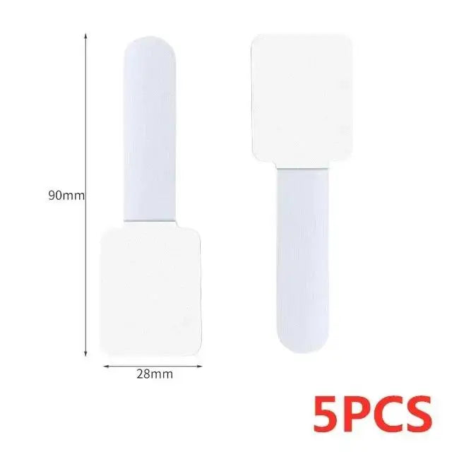A set of five white reusable adhesive cable ties for desk organization, shown with dimensions.