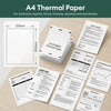 A stack of A4 thermal paper sheets and various forms like contracts invoices and resumes are displayed on a wooden surface.