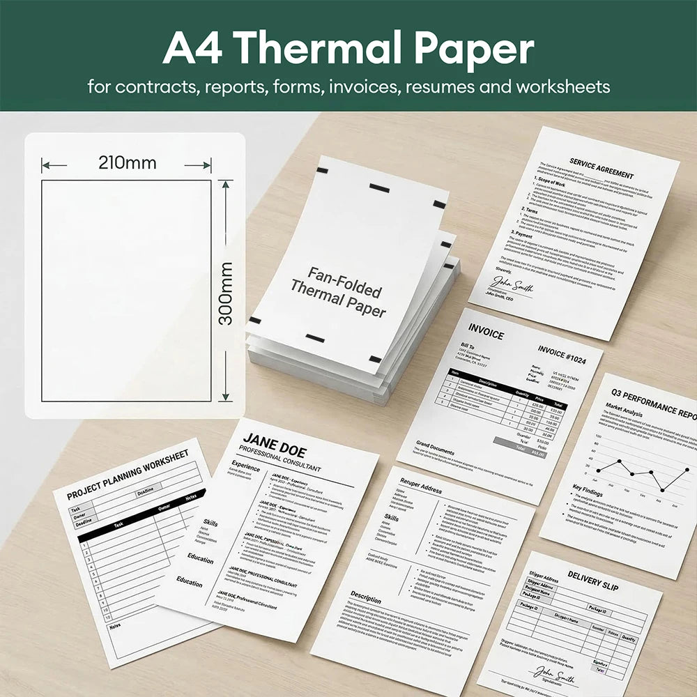 A stack of A4 thermal paper sheets and various forms like contracts invoices and resumes are displayed on a wooden surface.