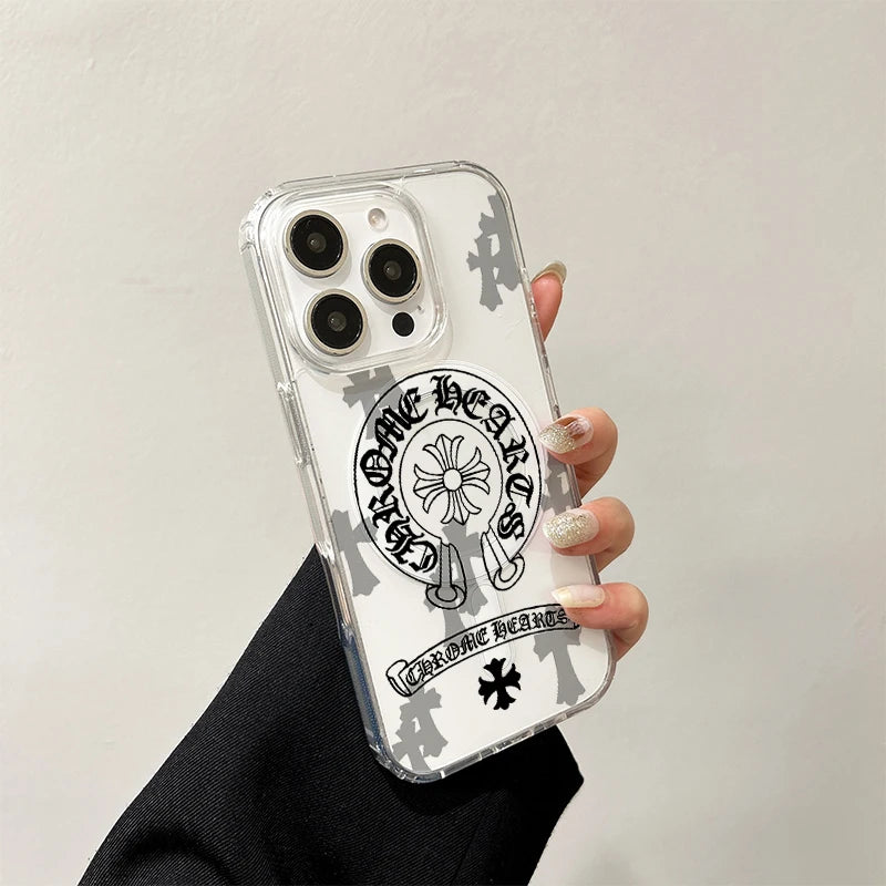 Clear acrylic phone case with a black and white Chrome Hearts horseshoe floral design and MagSafe compatibility