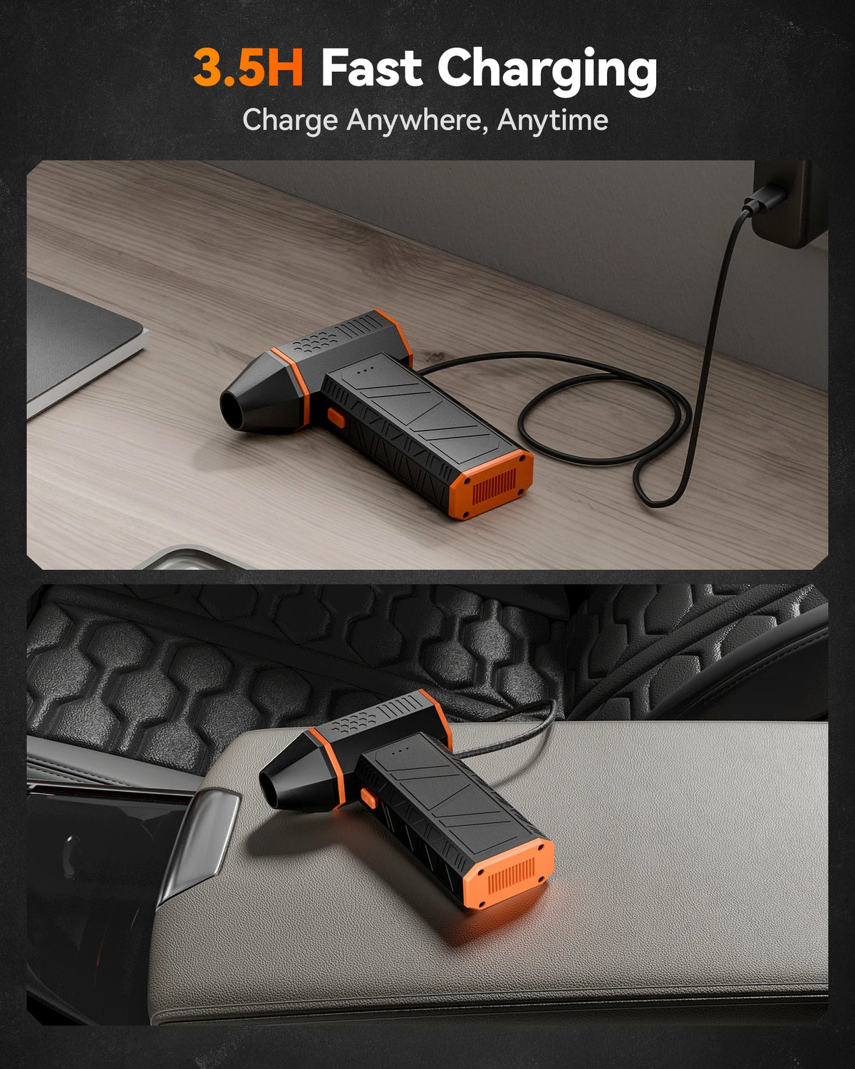 An orange and black high-power rechargeable electric air duster is shown being used for charging.