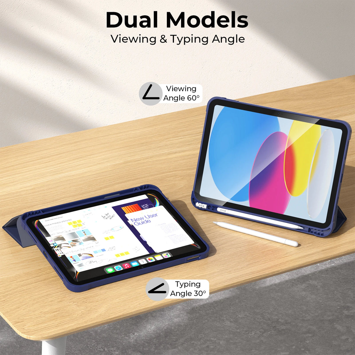 A blue universal protective case for an iPad is shown in both viewing (60 degree) and typing (30 degree) angles on a wooden t