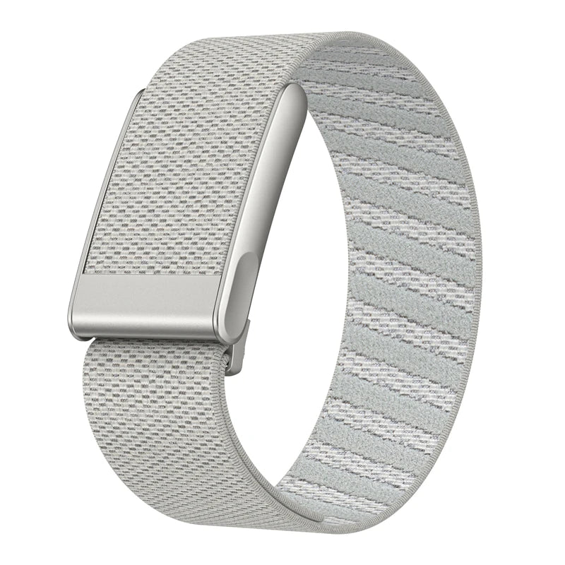 A silver nylon braided strap for a fitness watch, shown against a white background.
