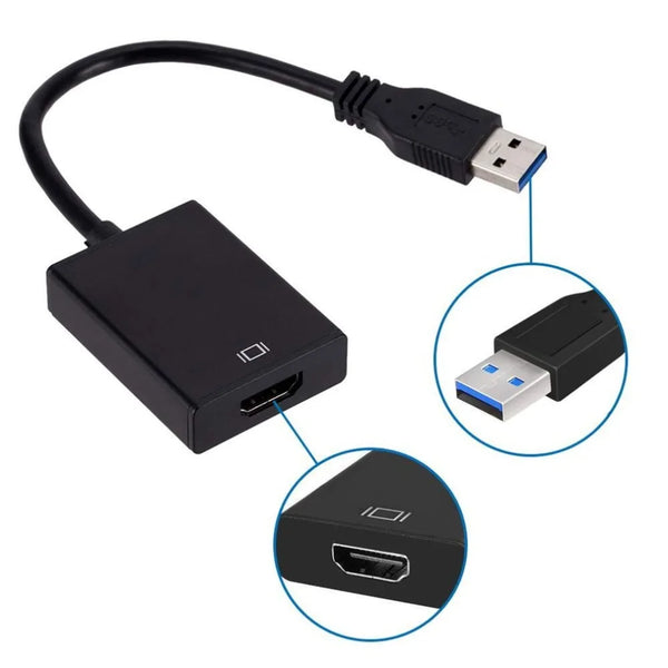 A black USB 3.0 to HDMI adapter cable and connector assembly for PC to display.