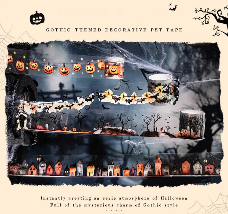 Gothic-themed decorative pet tape featuring Halloween imagery and spooky forest scenes.