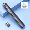 A black presentation pen pointer with a digital display and red light remote is shown on a blue surface.