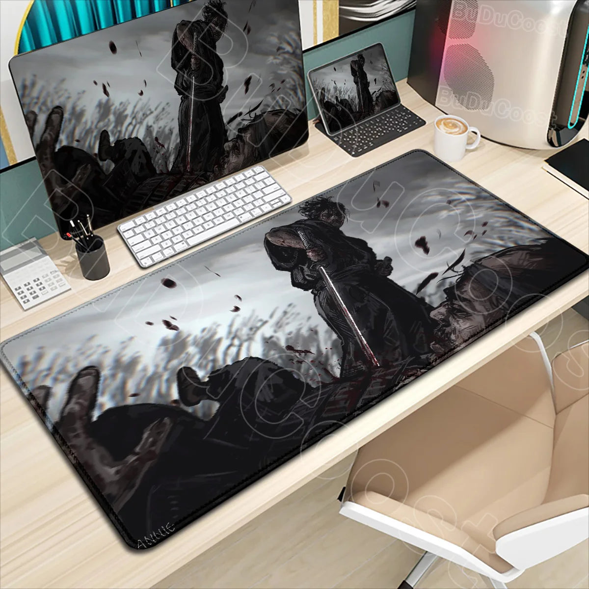 A black and white manga themed gaming mousepad featuring an illustration of Miyamoto Musashi.