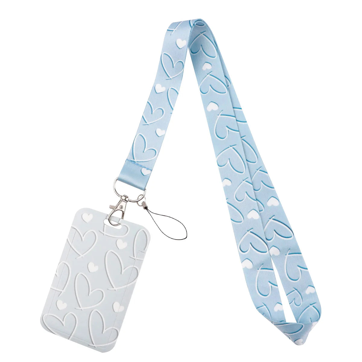 Light blue heart-shaped lanyard with a rectangular tag for badges and keys