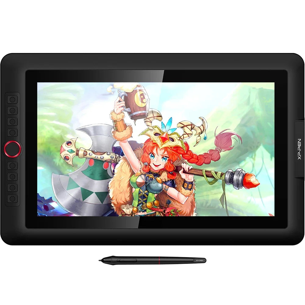 A digital drawing tablet with a black screen protector and a vibrant illustration of an anime character.