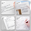 Three sheets of writing paper with handwritten text and a notebook page are shown.