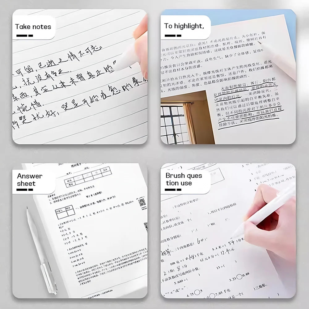 Three sheets of writing paper with handwritten text and a notebook page are shown.
