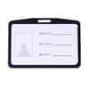 Porta identificación de plástico negro con líneas en blanco para nombre, departamento y puesto.