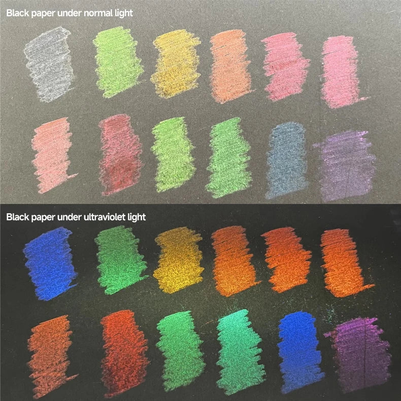 Black paper under normal light and ultraviolet light showing various fluorescent colored pencils.