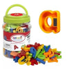 A set of magnetic alphabet and number tiles in various colors including red, yellow, green, blue, and orange.