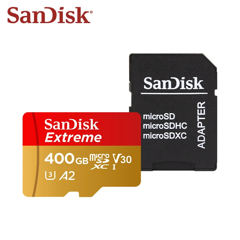 A black SanDisk SD adapter and a red SanDisk Extreme 400GB microSD V30 XC I memory card.