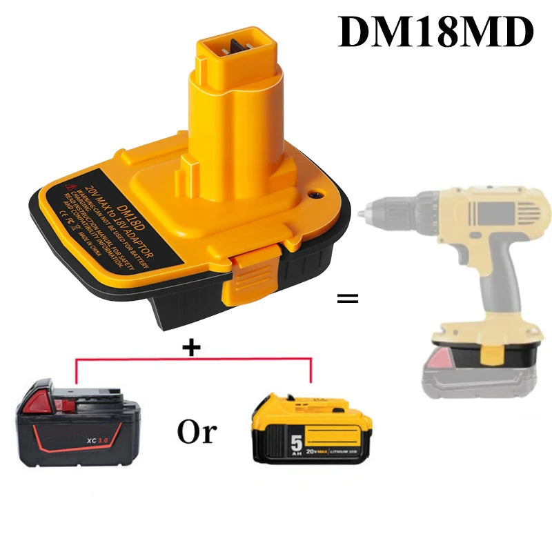 Adaptador de conversión de batería amarillo DM18MD mostrado con una herramienta eléctrica y opción de batería o herramienta.