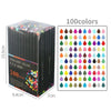 A box of Fine Line Marker Pen set featuring 100 colors, showing the dimensions and color palette.