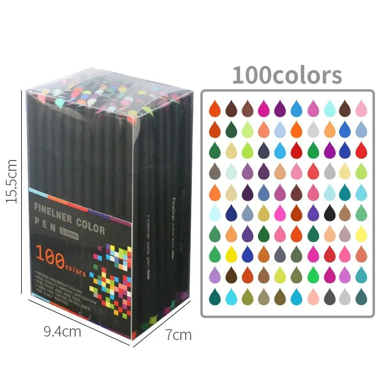 A box of Fine Line Marker Pen set featuring 100 colors, showing the dimensions and color palette.