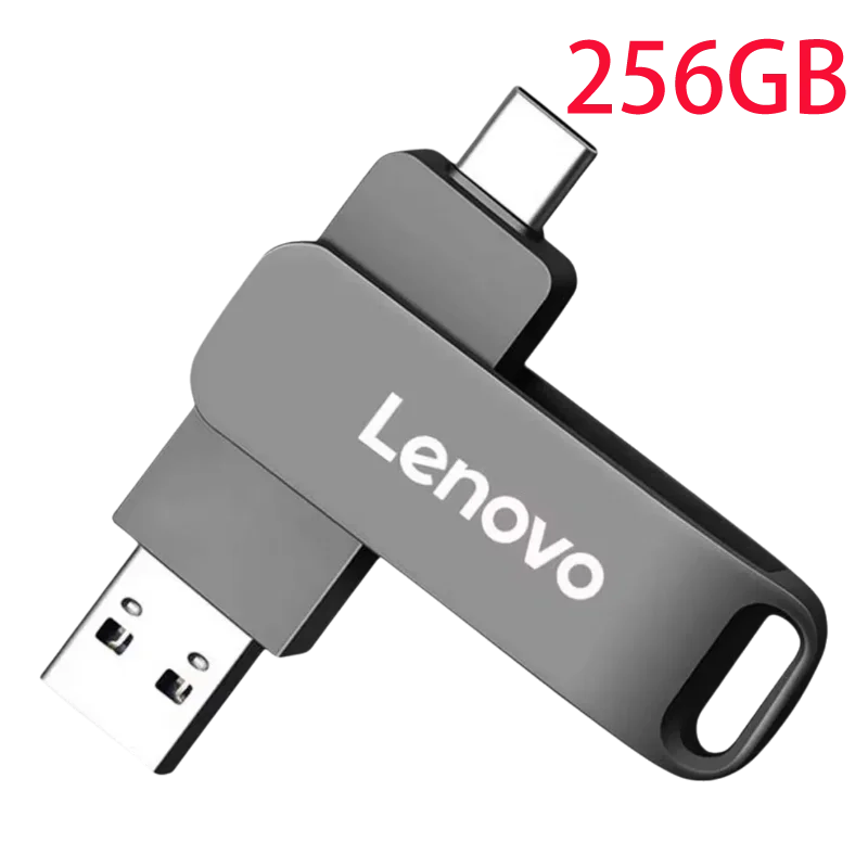 A silver Lenovo 256GB flash drive with a USB connector is shown against a black background.