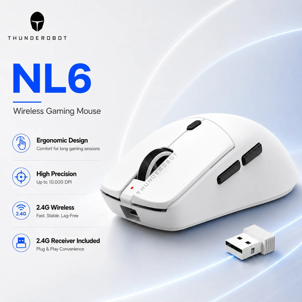 A white NL6 wireless gaming mouse is shown on a smooth surface with its receiver included.