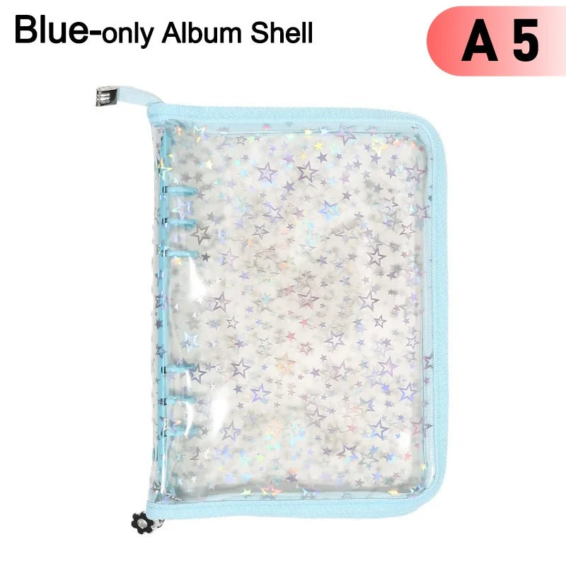 A blue-only album shell with a clear plastic cover and zipper, featuring a starry pattern.