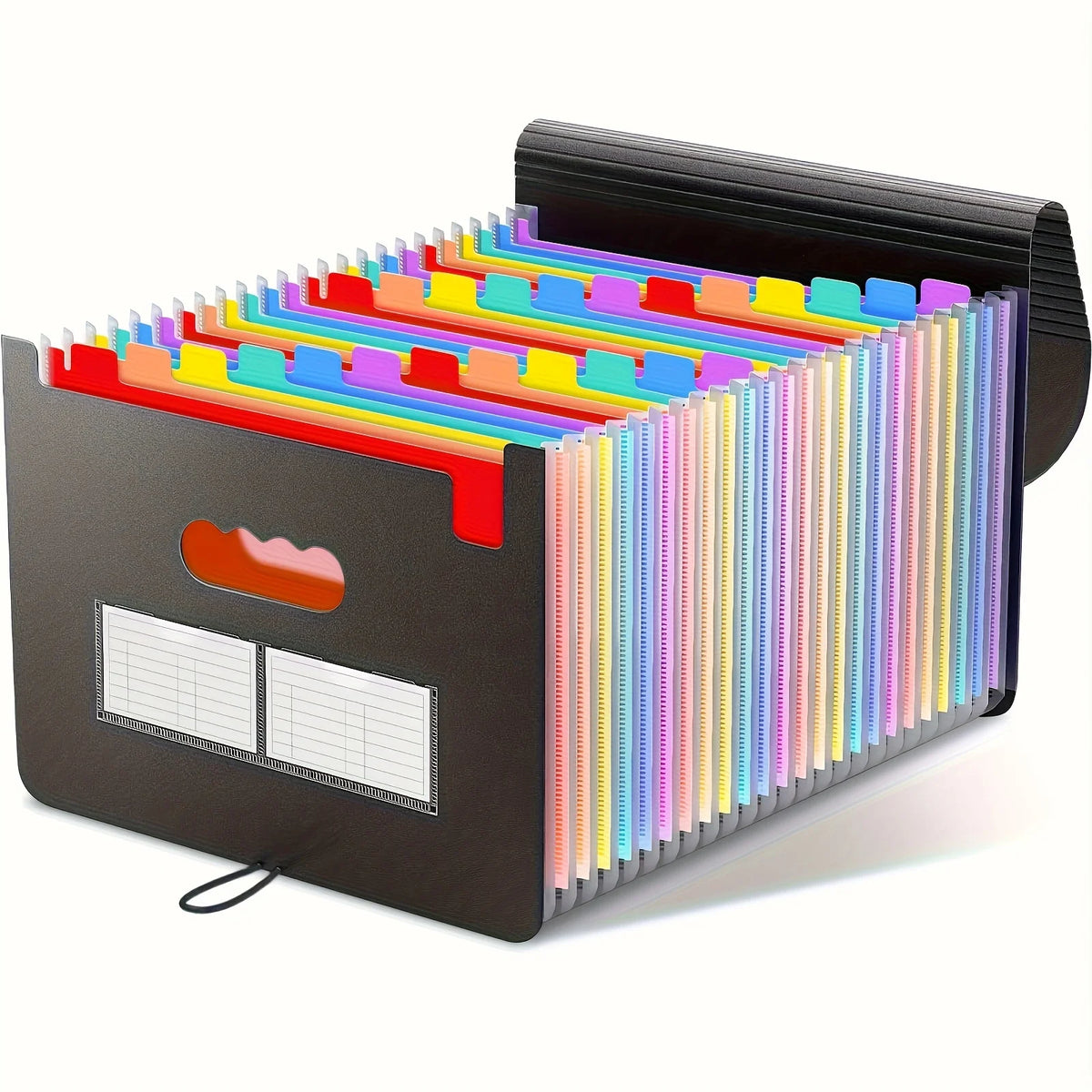 Portafolios organizador plegable negro con carpetas de plástico coloridas.