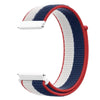 A watch strap featuring a striped pattern of navy blue, white, and red fabric.