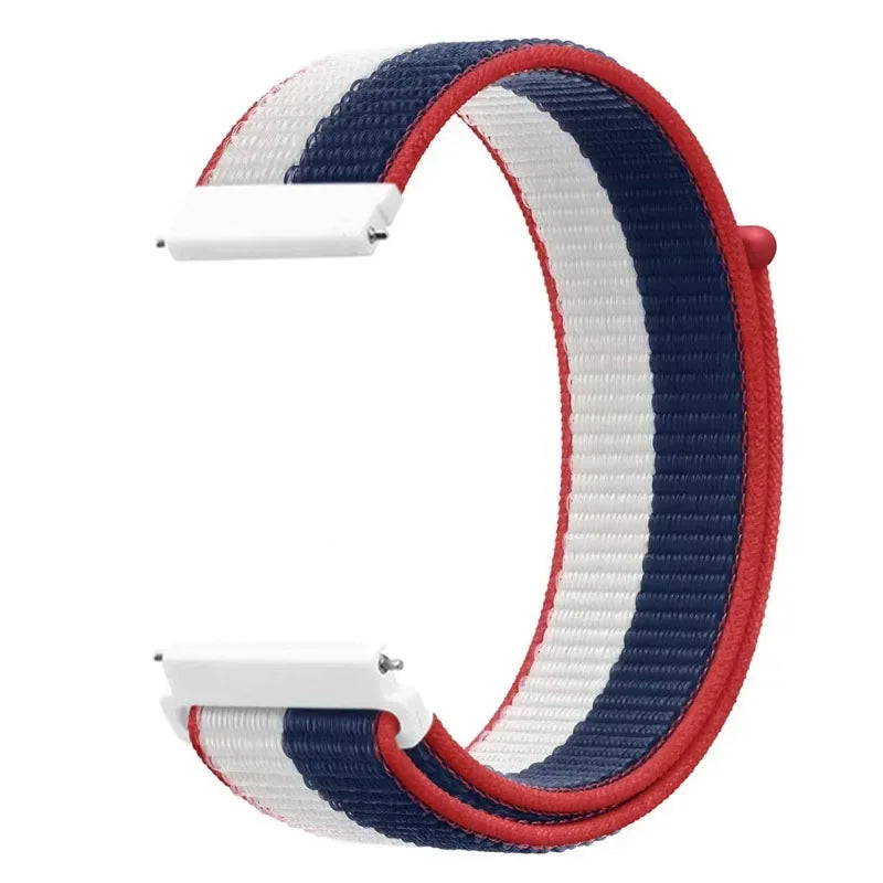 A watch strap featuring a striped pattern of navy blue, white, and red fabric.