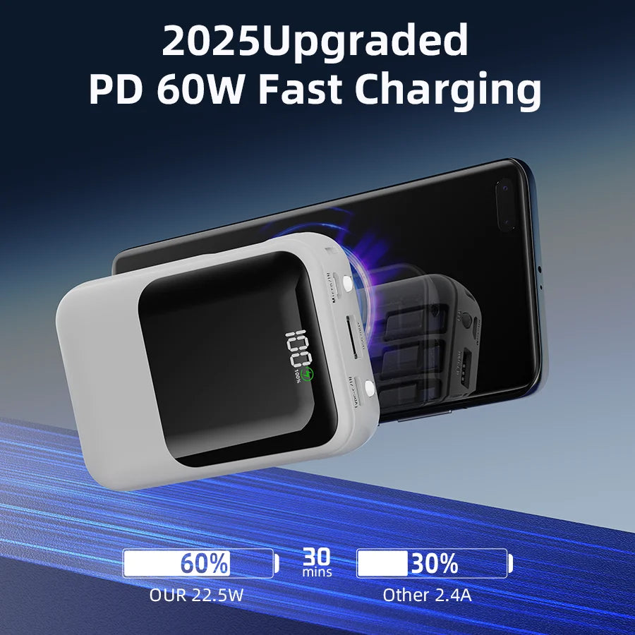Une batterie portable charge un smartphone, affichant 60% de batterie et 30 minutes restantes.