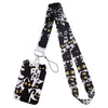 Black and white cartoon cat card holder lanyard with a neck strap
