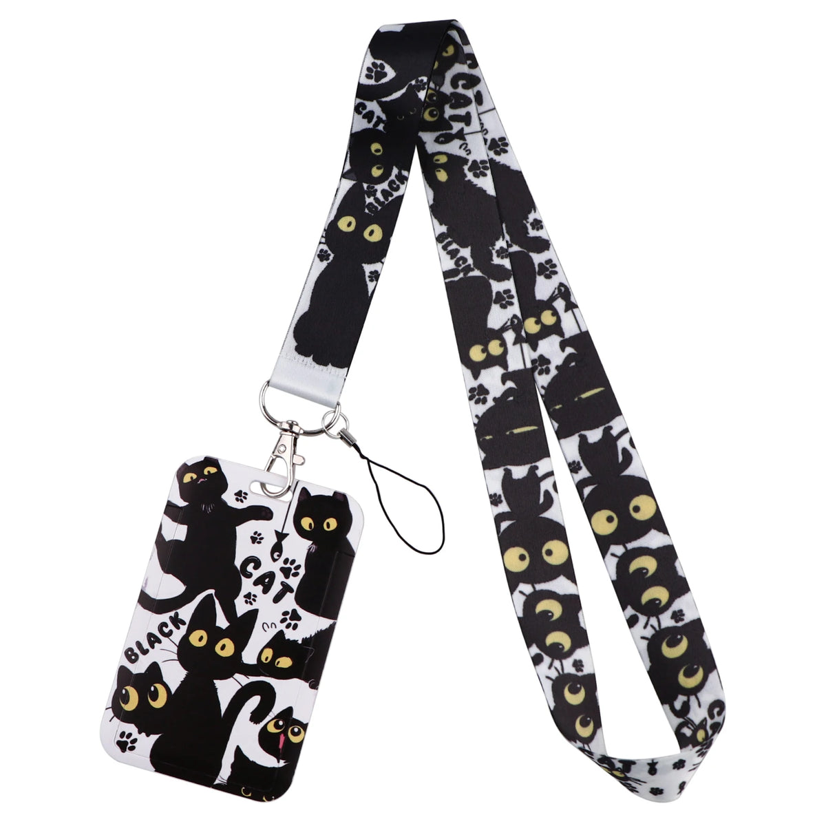 Black and white cartoon cat card holder lanyard with a neck strap