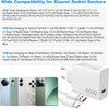 A white 45W fast charging power adapter and USB-C cable shown next to several Xiaomi Redmi mobile phones.