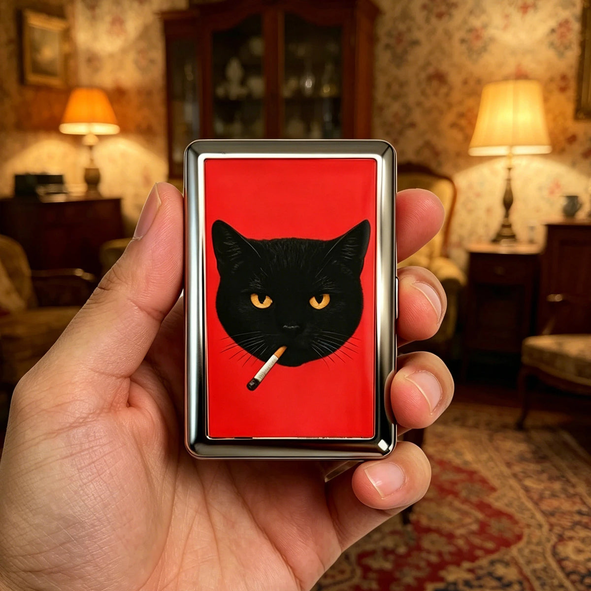 A hand holds a vintage stainless steel card and cash case featuring a black cat silhouette on a red background.