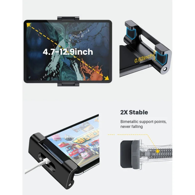 A flexible black mount for tablets and phones, showing various angles and attachment points.